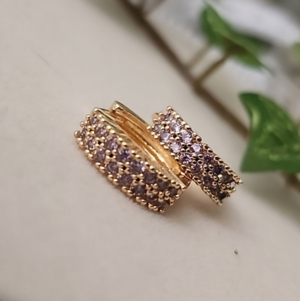 Gold Filled with Purple CZ Stones Huggie Hoop Earrings